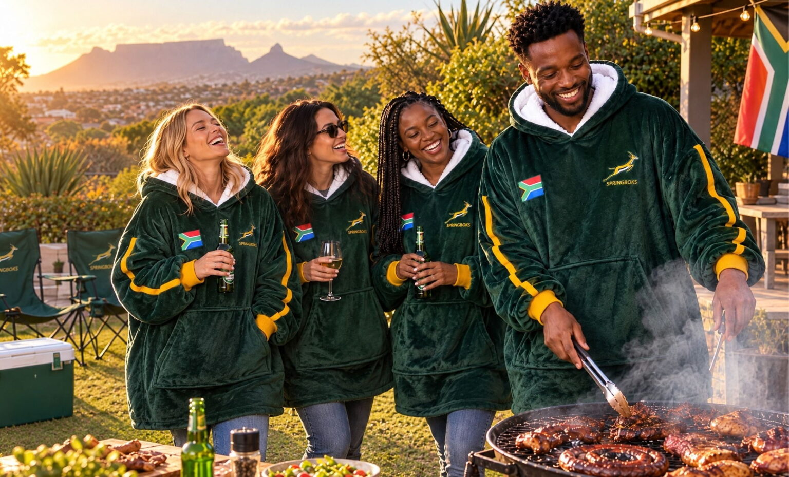Three friends in Springboks Snoobys around a campfire